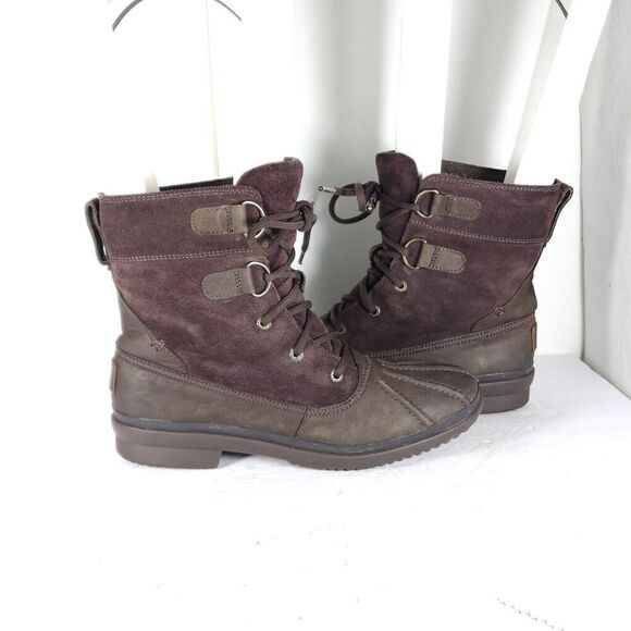 UGG Women's Azaria US8? Brown Suede Waterproof Sheepskin Lined Duck Boots - Picture 9 of 13